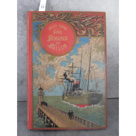 Hetzel Jules Verne Cinq semaines en ballon Steamer Médaillon fond rouge Voyages extraordinaires bon exemplaire